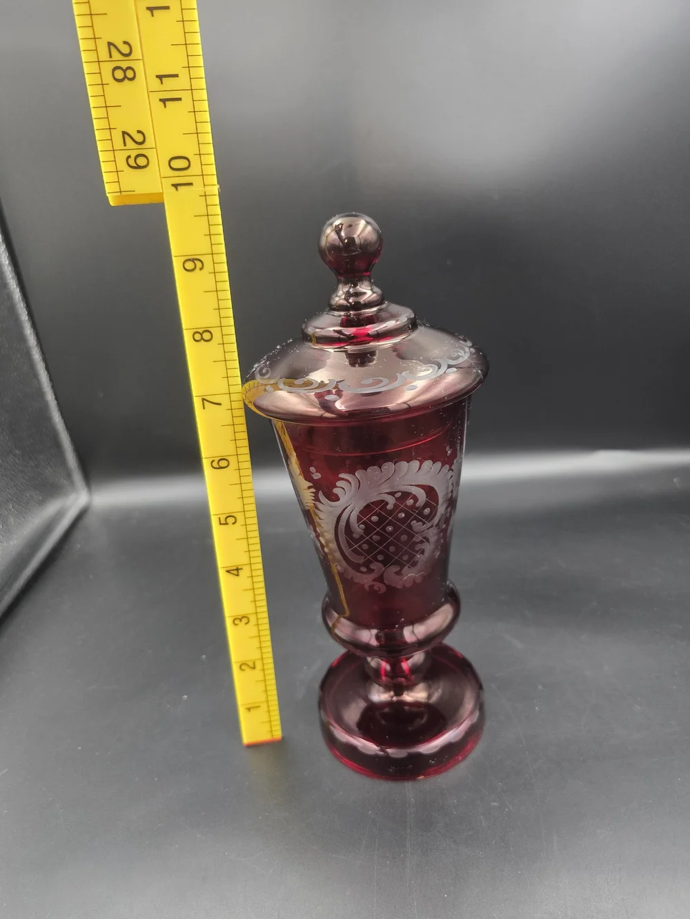 Ruby Red Etched Glass Covered Goblet - Decorative Home Art